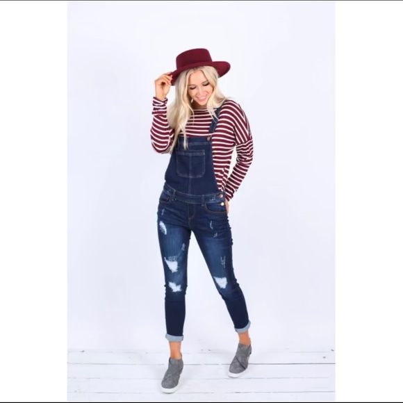 DARK DENIM WASH DISTRESSED OVERALLS - Picture 3 of 4